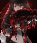  bambina black_hair breasts brown_eyes cleavage copyright_name eyebrows_visible_through_hair hair_between_eyes highres long_hair looking_at_viewer medium_breasts midriff navel solo standing stomach tales_of_(series) tales_of_berseria underboob upper_body velvet_crowe 