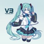  1girl alexbionics aqua_eyes aqua_hair aqua_necktie black_sleeves character_name detached_sleeves digital_media_player hatsune_miku hatsune_miku_(vocaloid3) headphones headset highres long_hair necktie pleated_skirt shirt skirt twintails vocaloid white_shirt 