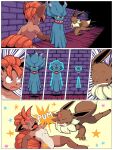 3_fingers 4_fingers absurd_res action_pose anthro blue_body blush blush_lines bodily_fluids breasts brick_wall brown_body brown_eyes brown_fur brown_nose comic countershade_torso countershading eevee eyelashes fangs female fingers fluffy fur generation_1_pokemon generation_2_pokemon group hair happy hi_res inside jisito jumping lips lipstick long_ears makeup male minor_wound misdreavus motion_lines muscular muscular_female muscular_male navel neck_tuft nintendo onomatopoeia open_mouth orange_hair pain pokemon pokemon_(species) pose shaking shocked short_hair smile sound_effects star tan_body tan_fur tears tears_of_pain teeth text tremble_spikes trembling trio tuft vulpix wall_(structure) wounded yellow_eyes