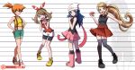  4girls bangs bare_arms biker_shorts black_legwear blue_eyes blue_hair boots brown_hair closed_mouth collarbone creatures_(company) crop_top doki_doki_literature_club dress eyebrows_visible_through_hair full_body game_freak green_eyes grey_eyes hairband haruka_(pokemon) hat hikari_(pokemon) kasumi_(pokemon) long_hair medium_hair mgx0 midriff multiple_girls navel nintendo open_mouth orange_hair pleated_skirt pokeball pokemon pokemon_(game) ponytail serena_(pokemon) shoes short_hair short_sidetail shorts sidelocks skirt sleeveless smile sneakers standing suspenders thighhighs thighs tongue upper_teeth 