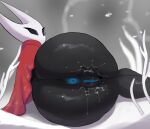 anthro anus arthropod black_body black_eyes blue_anus blue_vulva bodily_fluids butt butt_focus cloak cloak_only clothing empty_eyes erwods eyelashes female genital_fluids genitals hi_res hollow_knight_(franchise) hornet_(hollow_knight) insect looking_at_viewer looking_back looking_back_at_viewer lying on_side rear_view red_cloak red_clothing solo team_cherry thick_thighs vaginal_fluids vulva white_body wide_hips