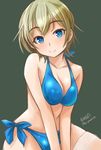  artist_name bikini blonde_hair blue_bikini blue_eyes brave_witches breasts grey_background haruhata_mutsuki looking_at_viewer medium_breasts nikka_edvardine_katajainen short_hair side-tie_bikini simple_background sitting smile solo swimsuit twitter_username world_witches_series 