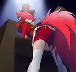  animal_ears ass bike_shorts cure_chocolat dog_ears dog_tail facing_away from_behind from_below haruyama_kazunori hat kenjou_akira kirakira_precure_a_la_mode magical_girl precure red_hair short_hair skirt solo standing tail thighhighs white_legwear 