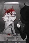 2025 anthro antlers areola bathroom bathroom_sink blood blood_drip blood_on_ear blood_on_face blood_on_hair blood_on_self bodily_fluids breasts cellphone constricted_pupils countershade_face countershade_fur countershade_torso countershading deer dripping electronics english_description english_text eye_through_hair eyelashes eyelashes_through_hair faucet female female_anthro fingerless_(marking) frown fur fur_tuft gore hair hi_res holding_object holding_phone horn kello_(lewdles) lewdles looking_at_mirror looking_at_object mammal markings messy mirror new_world_deer nipples nonbinary_(lore) nude nude_anthro nude_female phone pupils shedding_velvet signature small_breasts small_pupils smartphone snout soap_dispenser solo spot_color spots spotted_body spotted_fur tail teary_eyes text texting trans_(lore) translucent translucent_hair tuft white-tailed_deer