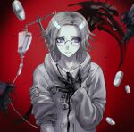  1boy aotsuki_eito commentary glasses gloves grey_hair hand_on_own_chest hashtag-only_commentary highres intravenous_drip iv_stand jacket looking_to_the_side male_focus nonamesiamese parted_lips pill purple_eyes red_background red_eyes scythe short_hair sleeve_pouch sleeve_rolled_up solo sweatdrop the_hundred_line_-last_defense_academy- upper_body wasp weapon white_jacket 