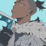  1boy aqua_background avatar:_the_last_airbender avatar_legends black_eyes black_gloves black_hair blue_background closed_mouth dark-skinned_male dark_skin fur_trim gloves holding holding_mask holding_weapon looking_up male_focus mask non-web_source pontyk_blya sokka solo undercut unworn_mask upper_body weapon 