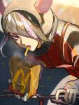  1girl bicycle commentary diagonal_bangs fast_food food french_fries hair_over_one_eye han_juri highres mcdonald&#039;s multicolored_hair solo street_fighter street_fighter_6 takai_misa two-tone_hair 