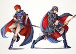  armor blue_eyes blue_hair cape cosplay eliwood_(fire_emblem) falchion_(fire_emblem) fire_emblem fire_emblem:_fuuin_no_tsurugi fire_emblem:_kakusei fire_emblem:_rekka_no_ken full_body gloves krom long_hair looking_at_viewer lucina lucina_(cosplay) multiple_boys red_hair roy_(fire_emblem) roy_(fire_emblem)_(cosplay) short_hair sword tiara weapon white_background 