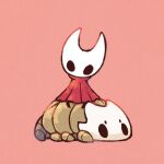  1girl aged_down arthropod_girl beastling_(hollow_knight) child cloak commentary_request fuifui hollow_eyes hollow_knight hollow_knight:_silksong horned_mask hornet_(hollow_knight) looking_at_viewer mask multiple_legs red_background red_cloak riding riding_animal simple_background white_mask 