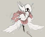  2girls arthropod_girl blank_eyes blush bodysuit carrying cloak feathered_wings full_body grey_background hat hollow_eyes hollow_knight hollow_knight:_silksong horned_mask hornet_(hollow_knight) juliet_sleeves lace_(hollow_knight) long_sleeves looking_at_another mask multiple_girls needle_(hollow_knight) nervous_sweating no_mouth pin_(hollow_knight) princess_carry puffy_sleeves red_cloak scared simple_background sweat watermark weapon white_bodysuit white_hat white_mask wings wizartyesi 