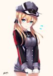  absurdres artist_name bee_doushi blonde_hair blue_eyes blush flying_sweatdrops gloves hair_between_eyes hat highres kantai_collection long_hair long_sleeves looking_at_viewer low_twintails military military_uniform open_mouth peaked_cap prinz_eugen_(kantai_collection) solo twintails uniform white_gloves 