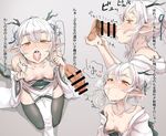  1girl :&gt;= bar_censor bare_shoulders bee_(deadflow) blue_ribbon blush breasts brown_eyes caressing_testicles censored collarbone cum cum_in_mouth cum_string double_bun dragon_horns dragon_tail erection eyebrows_visible_through_hair fellatio gokkun grey_background hair_between_eyes hair_ribbon hair_up heart heavy_breathing hetero holding holding_hair horns inverted_nipples japanese_clothes kimono kuryuu_kohaku loincloth looking_at_viewer male_pubic_hair multiple_views nipples nose_blush off_shoulder open_mouth oral original penis pointy_ears profile pubic_hair puckered_lips puffy_nipples ribbon seiza sitting small_breasts solo_focus stray_pubic_hair sweat tail testicle_grab thighhighs translation_request white_hair 