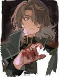  1boy aristocratic_clothes blood blood_on_hands blue_eyes brown_hair coat collared_coat colored_eyelashes genshin_impact guilt hair_over_one_eye highres long_bangs long_sleeves male_focus medium_hair one_eye_covered open_clothes open_coat parted_hair rerir_(genshin_impact) shima_(vivi_do) simple_background solo star-shaped_pupils star_(symbol) symbol-shaped_pupils twitter_username 