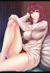  absurdres bangs bare_legs barefoot bed bed_sheet bra breasts closed_mouth covered_nipples curtains dress eyebrows_visible_through_hair eyelashes fate/grand_order fate_(series) grey_sweater hair_between_eyes half-closed_eyes hand_on_own_head hand_on_own_knee head_rest highres huge_filesize indoors knee_up lace lace-trimmed_bra lace-trimmed_panties large_breasts legs letterboxed lips long_hair long_sleeves looking_at_viewer on_bed panties pantyshot pantyshot_(sitting) pink_lips purple_hair red_eyes ribbed_sweater scan scathach_(fate)_(all) scathach_(fate/grand_order) sitting sitting_on_bed solo sweater sweater_dress turtleneck turtleneck_sweater underwear zucchini 