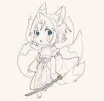  1boy :o alternate_costume animal_ears aqua_eyes arm_belt blush_stickers clothing_cutout commentary_request detached_sleeves final_fantasy final_fantasy_vii final_fantasy_vii_ever_crisis fox_boy fox_ears fox_tail full_body geta hair_intakes hakama hakama_pants hattouissenbaka hip_vent holding holding_sword holding_weapon japanese_clothes katana kemonomimi_mode kimono kitsune leg_up male_focus multiple_tails open_mouth pants parted_bangs sephiroth sephiroth_(ever_crisis) short_hair sketch sleeveless sleeveless_kimono solo spot_color sword tail weapon wide_sleeves 