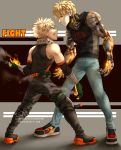  2boys absurdres angry bakugou_katsuki black_sclera blonde_hair boku_no_hero_academia clenched_teeth commentary crossover curly_hair cyborg english_commentary fighting_stance fire freckles genos gloves highres insertsomthinawesome male_focus mechanical_arm multiple_boys one-punch_man prosthesis red_eyes short_hair smile spiked_hair teeth yellow_eyes 