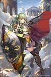  armor armored_boots bangs blue_sky boots building cape closed_mouth cloud cloudy_sky commentary_request day flower fog gauntlets gorgon green_hair gyakushuu_no_fantasica hair_bun hair_ornament high_heel_boots high_heels highres holding_shield knee_boots long_hair looking_at_viewer metal_boots midriff official_art outdoors red_cape red_eyes shield sky snake_hair solo stairs thighhighs thighhighs_under_boots watermark weiyinji_xsk 