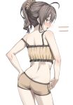  1girl absurdres ahoge ass back bare_arms bare_shoulders blue_eyes brown_hair butt_crack commentary cowboy_shot crop_top from_behind hair_ornament hair_scrunchie hand_on_own_hip highres hololive long_hair looking_at_viewer looking_back median_furrow midriff natsuiro_matsuri natsuiro_matsuri_(matsuri's_day_off) open_mouth ponytail ribbed_shirt scarlet_(wv0102) scrunchie shirt short_shorts shorts simple_background sleeveless sleeveless_shirt solo strap_slip symbol-only_commentary virtual_youtuber white_background yellow_shirt yellow_shorts 