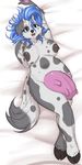  big_breasts blue_eyesnose_ring blue_hair border_colliespecies_cow breasts clover crimsoncanine dakimakura_design hair horn hybrid reclining relaxing teats udders 