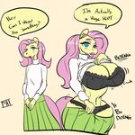  2017 anthro anthrofied big_breasts bimbofication bimbofied breasts cleavage clothed clothing dialogue english_text equine eyeshadow female fluttershy_(mlp) friendship_is_magic horse lipstick makeup mammal my_little_pony pony scarfyace_(artist) text 