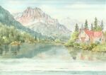  commentary_request day forest lake landscape mountain mountainous_horizon nature no_humans original outdoors painting_(medium) paruperu reflection reflective_water scenery traditional_media water watercolor_(medium) 