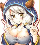  breasts camieux double_v draph fuyuzora granblue_fantasy highres hood horns large_breasts looking_at_viewer silver_hair smile traditional_media v wide_sleeves yellow_eyes 