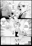  anthro black_and_white canine clothed clothing comic cupcake cynthia_walker dialogue disney duo english_text female food fox jack_savage jewelry lagomorph male mammal monochrome necklace rabbit rem289 speech_bubble text zootopia 
