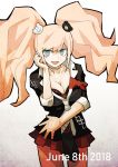  1girl bangs bear_hair_ornament black_shirt blonde_hair blue_eyes bra breasts cleavage collarbone commentary_request danganronpa danganronpa_1 dated dot_nose enoshima_junko eyebrows_visible_through_hair hair_ornament hand_on_hip hand_on_own_face jewelry long_hair looking_at_viewer miniskirt multicolored_neckwear necklace necktie red_bra red_ribbon red_skirt ribbon ryuukotsu school_uniform serafuku shirt skirt sleeves_rolled_up solo twintails underwear 
