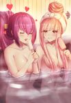  2girls absurdres alternate_hairstyle bath bathing blush breasts cleavage commentary_request dolce_(dolsuke) embarrassed eyebrows_visible_through_hair fate/grand_order fate_(series) food hair_bun hair_censor hair_ornament hair_over_breasts hairclip heart highres holding holding_food large_breasts long_hair looking_at_another medb_(fate)_(all) medb_(fate/grand_order) medium_breasts multiple_girls nude onsen open_mouth outdoors partially_submerged pink_hair popsicle purple_hair rock scathach_(fate)_(all) scathach_skadi_(fate/grand_order) sexually_suggestive sidelocks sitting skirt squiggle steam tongue towel towel_on_head updo water wet white_skirt yellow_eyes 