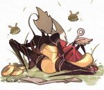  antennae arthropod_girl back-to-back bag bare_shoulders beads black_eyes black_skin bracelet cloak colored_skin full_body gold_bracelet holding holding_quill hollow_eyes hollow_knight hollow_knight:_silksong horned_mask hornet_(hollow_knight) jewelry map mask momoiiroo needle_(hollow_knight) no_mouth quill red_bag red_cloak shakra_(hollow_knight) simple_background weapon white_background white_mask 