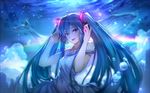  :d blue_eyes blue_hair dress floating_hair hair_between_eyes hands_in_hair hatsune_miku headphones kawamatsu_yoshinori long_hair looking_at_viewer off_shoulder open_mouth sleeveless sleeveless_dress smile solo standing twintails underwater very_long_hair vocaloid whale white_dress 