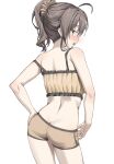  1girl absurdres ahoge ass back bare_arms bare_shoulders blue_eyes brown_hair butt_crack commentary cowboy_shot crop_top from_behind hair_ornament hair_scrunchie hand_on_own_hip highres hololive long_hair looking_at_viewer looking_back median_furrow midriff natsuiro_matsuri natsuiro_matsuri_(matsuri's_day_off) open_mouth ponytail ribbed_shirt scarlet_(wv0102) scrunchie shirt short_shorts shorts simple_background sleeveless sleeveless_shirt solo strap_slip symbol-only_commentary virtual_youtuber white_background yellow_shirt yellow_shorts 