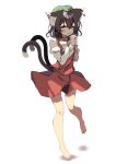  1girl ;d absurdres animal_ear_fluff animal_earrings animal_ears bare_legs barefoot blush bow bowtie brown_hair cat_ears cat_girl cat_tail check_commentary chen commentary_request full_body green_hat hair_between_eyes hat highres interlocked_fingers juliet_sleeves long_sleeves looking_at_viewer multiple_tails one_eye_closed orange_skirt orange_vest own_hands_together puffy_sleeves seika_okawari simple_background skirt smile solo standing standing_on_one_leg tail toes touhou two_tails vest white_background white_bow white_bowtie 