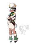  1girl absurdres chef_hat commentary curled_horns dark-skinned_female dark_skin green_hair hat highres horns linween original personification sheep sheep_girl sheep_horns simple_background white_background white_hair wool 