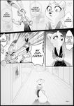  anthro black_and_white canine clothed clothing comic cynthia_walker dialogue disney duo english_text female fox jack_savage jewelry lagomorph male mammal monochrome necklace rabbit rem289 speech_bubble sweat text zootopia 