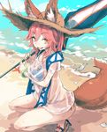  animal_ears bangs beach bee_(deadflow) bikini blue_bikini bracelet breasts day ears_through_headwear eyebrows_visible_through_hair fang fate/grand_order fate_(series) fox_ears fox_print fox_tail hair_between_eyes hair_flaps hat holding holding_umbrella jewelry long_hair looking_at_viewer medium_breasts open_mouth orange_eyes pink_hair sandals seashell see-through shell shirt smile solo squatting straw_hat sun_hat swimsuit t-shirt tail tamamo_(fate)_(all) tamamo_no_mae_(fate) tamamo_no_mae_(swimsuit_lancer)_(fate) umbrella wet wet_clothes wet_shirt wet_t-shirt white_shirt 