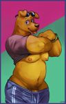  anthro bojack_horseman bulge canine clothing dog eyewear glitter_trap_boy golden_retriever mammal mr._peanutbutter musclegut muscular nipples pants pecs penis shirt sunglasses 