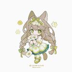  1girl animal_ears bow braid brown_hair chibi chibi_only closed_mouth commission dog_ears dog_girl dog_tail dress frilled_dress frills full_body green_bow green_shoes hair_bow highres holding holding_letter juliet_sleeves kanae_(cookie) letter long_hair long_sleeves looking_at_viewer original puffy_sleeves shoes simple_background solo standing tail twin_braids twitter_username white_background white_dress 
