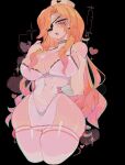  1girl black_background blonde_hair blush bra breasts cleavage commission dress eyepatch gradient_hair hair_over_one_eye hat heart highres large_breasts lingerie long_hair looking_at_viewer multicolored_hair navel nurse nurse_cap open_mouth orange_hair original panties pink_hair simple_background solo stitched_arm stitched_face stitches thick_thighs thighhighs thighs underwear underwear_only usa37107692 white_thighhighs 