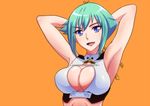  absurdres aquarion_(series) aquarion_evol armpits arms_behind_head bad_id bad_pixiv_id blue_eyes breasts cleavage cleavage_cutout crop_top fang green_hair hair_ribbon highres large_breasts looking_at_viewer midnight_(midnightstream3) open_mouth orange_background ribbon simple_background smile solo upper_body zessica_wong 