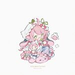  1girl antenna_hair blue_pants chibi chibi_only closed_mouth commission doll full_body green_eyes headscarf highres holding holding_doll kanae_(cookie) long_hair long_sleeves looking_at_viewer neck_ribbon original pants pink_hair red_ribbon ribbon sample_watermark shirt simple_background sitting solo twitter_username watermark white_background white_headscarf white_shirt 