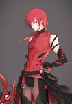  absurdres bare_shoulders belt black_gloves crimson_avenger_(elsword) elbow_gloves elesis_(elsword) elsword genderswap genderswap_(ftm) gloves highres long_hair looking_at_viewer loose_belt male_focus red_eyes red_hair shiliuye_feiyu solo sword weapon 