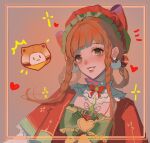  1girl ^^^ absurdres animal blunt_bangs bow bow_earrings bowtie braid braided_hair_rings brooch brown_background brown_hair burger capelet cat chest_jewel chinese_commentary clothed_animal collar commentary_request detached_collar dress earrings eyelashes food food-themed_clothes frilled_bow frilled_collar frilled_dress frilled_headwear frills gem green_bow green_bowtie green_eyes green_gemstone grin hair_bow hair_rings happy hat hat_bow head_only heart heart_brooch heart_earrings highres infinity_nikki jewelry jin3352185 kfc lace-trimmed_bowtie lace-trimmed_capelet lace_trim large_bow light_blush lipstick makeup mob_cap momo_(nikki) nikki_(series) notice_lines official_alternate_costume outside_border picture_frame pom_pom_(clothes) pom_pom_earrings red_bow red_capelet red_dress red_hat red_lips short_hair_with_long_locks side_braids simple_background smile solo sparkle square_neckline stylist_(nikki) twin_braids upper_body white_cat white_collar 