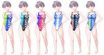  absurdres barefoot black_one-piece_swimsuit blue_eyes blue_one-piece_swimsuit breasts checkered_clothes color_variation commentary_request competition_swimsuit full_body gradient_swimsuit grey_hair grin hand_on_own_hip highleg highleg_one-piece_swimsuit highres medium_breasts multicolored_swimsuit one-piece_swimsuit original race_queen red_one-piece_swimsuit short_hair simple_background smile swimsuit takafumi variant_set white_background 