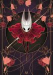  1girl arthropod_girl black_eyes black_skin cloak colored_skin floating_cape flower full_body highres holding holding_weapon hollow_eyes hollow_knight hollow_knight:_silksong horned_mask hornet_(hollow_knight) horns mask needle_(hollow_knight) red_cloak sarah_mason solo thread weapon white_mask 