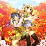  :d autumn_leaves black_legwear blue_eyes blue_hair blue_sky blush bow braid breasts brown_hair cloud commentary_request crown_braid day earrings fairy_tail green_eyes hair_bow hair_ornament hairclip hat hat_bow heart heart_earrings jacket jewelry leaf looking_at_viewer lucy_heartfilia open_mouth outdoors outstretched_arm plaid skirt sky small_breasts smile standing thighhighs tree wendy_marvell yellow_skirt zero_(fairytail) 