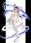  1girl absurdres agent_3_(splatoon) animal_ears artist_name blue_hair cat_ears cat_girl cat_tail claws closed_mouth commentary cosplay darkstalkers english_commentary felicia_(darkstalkers) felicia_(darkstalkers)_(cosplay) floating_hair highres ink inkling inkling_girl inkling_player_character long_hair looking_at_viewer navel norishiitsu pillarboxed pointy_ears smile solo splatoon_(series) splatoon_3 standing standing_on_one_leg tail tentacle_hair white_background 