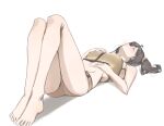  1girl absurdres ahoge barefoot brown_hair camisole commentary frilled_camisole frills full_body highres hololive knees_up lying medium_hair natsuiro_matsuri natsuiro_matsuri_(matsuri's_day_off) official_alternate_costume on_back scarlet_(wv0102) scrunchie short_shorts shorts side_ponytail simple_background solo symbol-only_commentary virtual_youtuber white_background yellow_camisole yellow_scrunchie yellow_shorts 