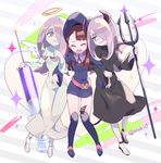  alternate_costume angel angel_and_devil angel_wings boots bright_pupils brown_hair commentary_request demon_girl demon_tail demon_wings evil_smile girl_sandwich hair_over_one_eye halo hat kagari_atsuko komoreg large_syringe little_witch_academia locked_arms long_hair multiple_girls multiple_persona oversized_object polearm red_eyes sandwiched smile sucy_manbavaran sweatdrop syringe tail trident twitter_username weapon white_pupils wings witch witch_hat 