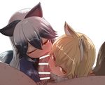  2girls animal_ears bar_censor black_hair blonde_hair blush bow breath brown_eyes censored commentary_request ezo_red_fox_(kemono_friends) fellatio ffm_threesome fox_ears fox_tail group_sex hair_between_eyes hetero kemono_friends licking_penis long_hair looking_at_viewer male_pubic_hair multicolored_hair multiple_fellatio multiple_girls one_eye_closed oral penis pov pov_crotch pubic_hair silver_fox_(kemono_friends) silver_hair simple_background sumiyao_(amam) sweat tail threesome tongue tongue_out two-tone_hair veins veiny_penis white_background 